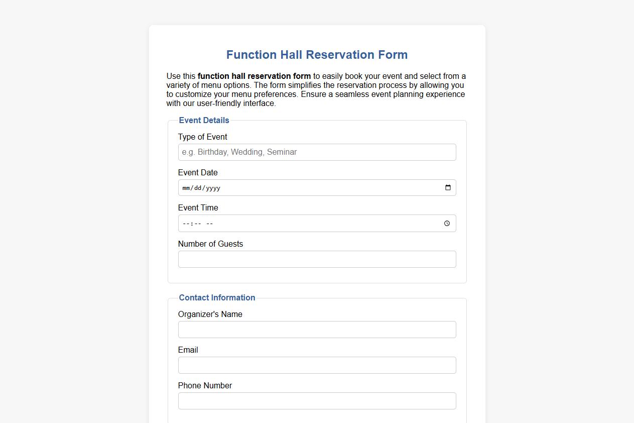 Sample function hall reservation form with menu options image preview