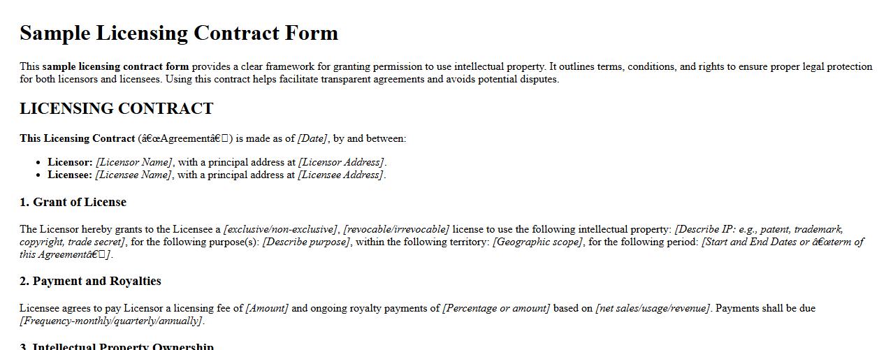 sample licensing contract form for intellectual property image preview