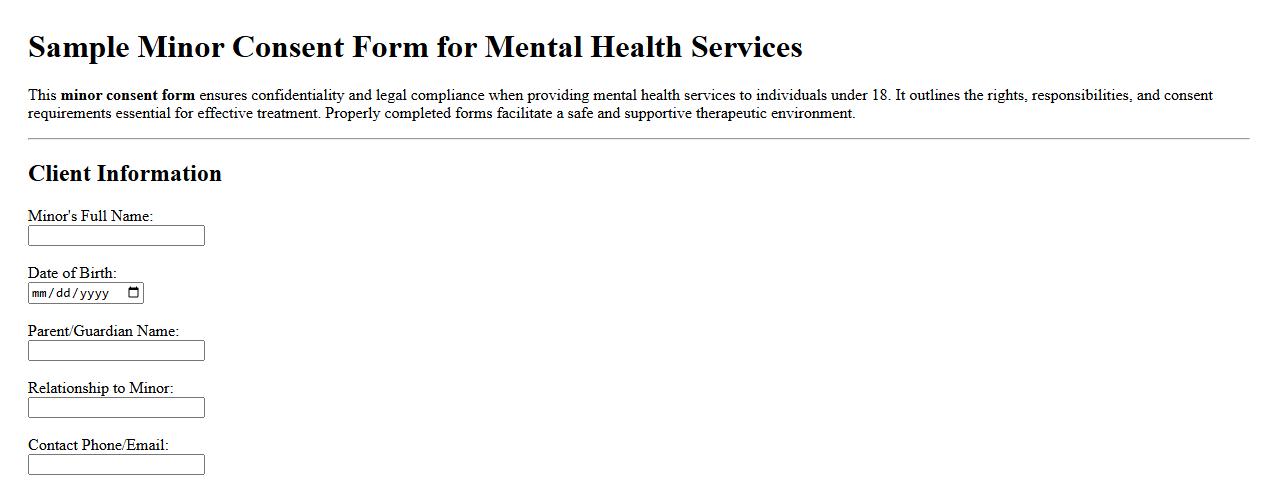 Sample minor consent form for mental health services image preview