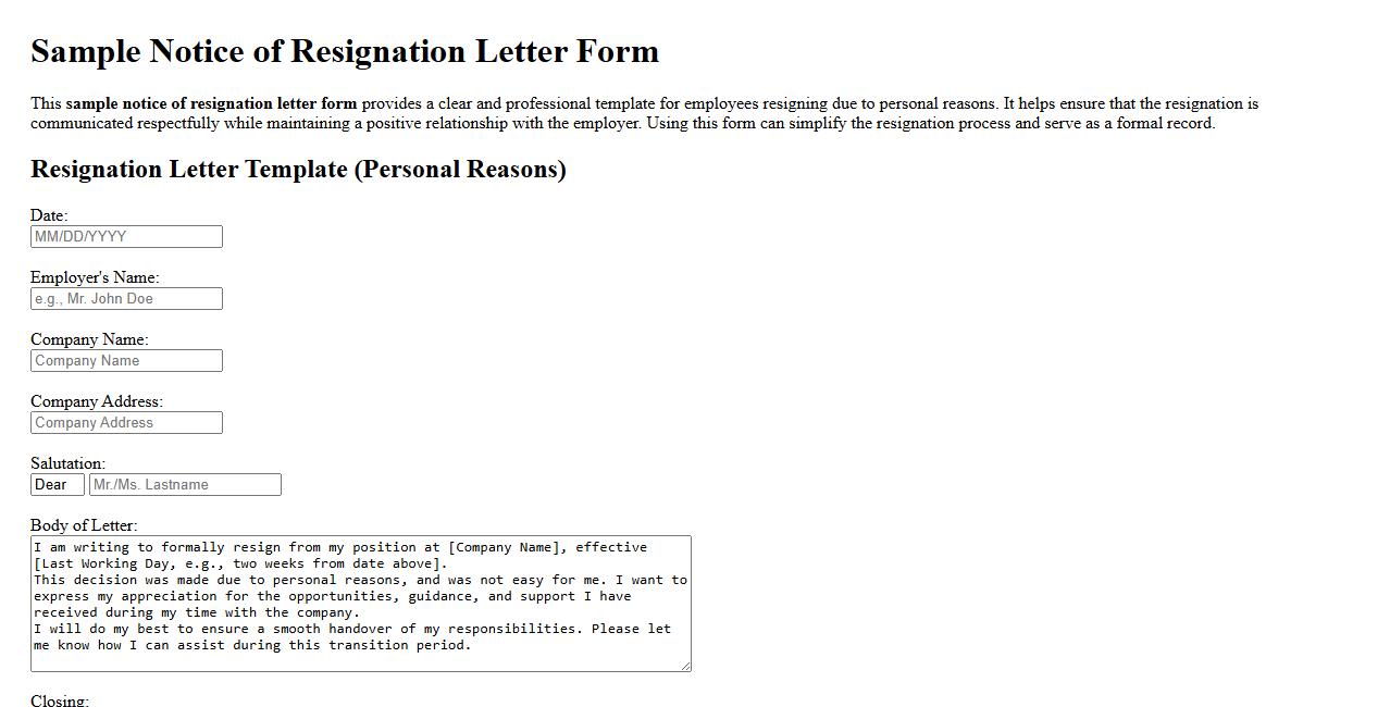 sample notice of resignation letter form for personal reasons image preview