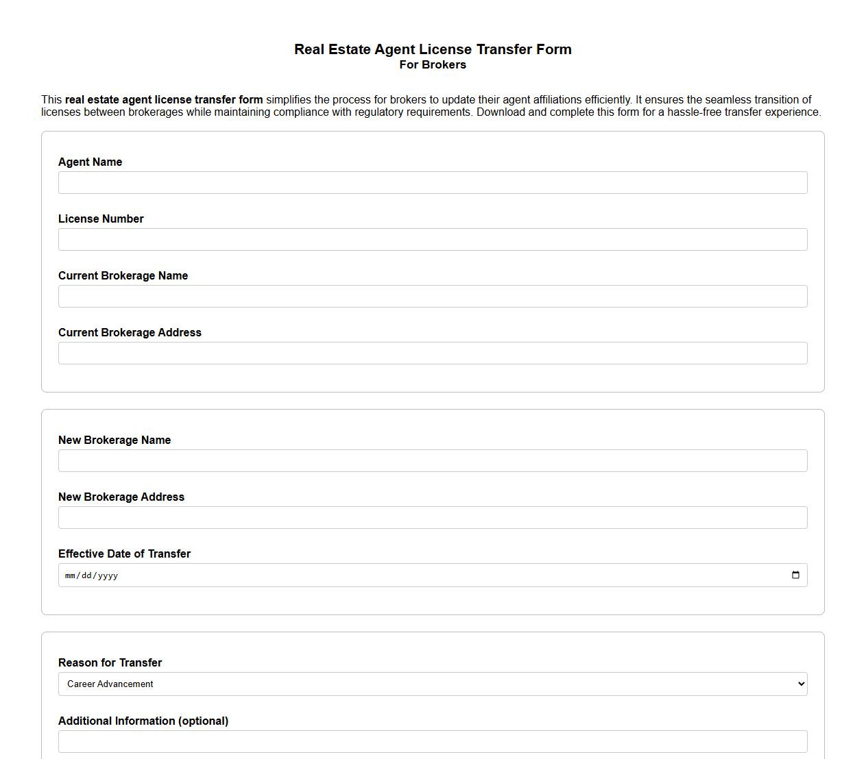 Sample real estate agent license transfer form for brokers image preview