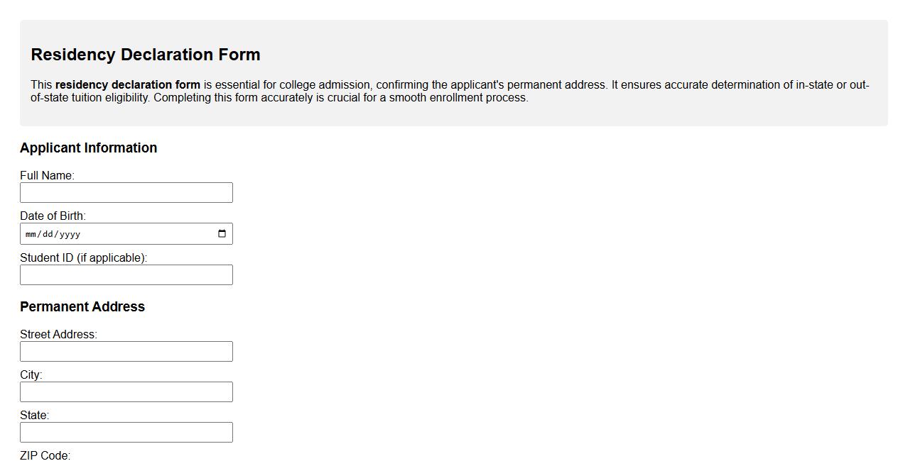 sample residency declaration form for college admission image preview