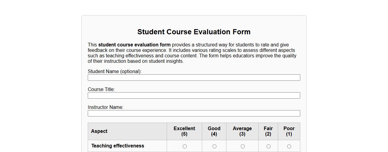 Sample student course evaluation form with ratings image preview