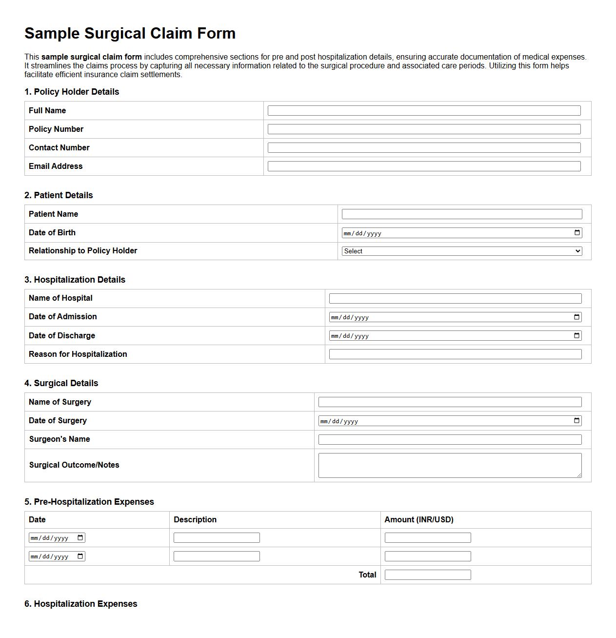 sample surgical claim form with pre and post hospitalization details image preview