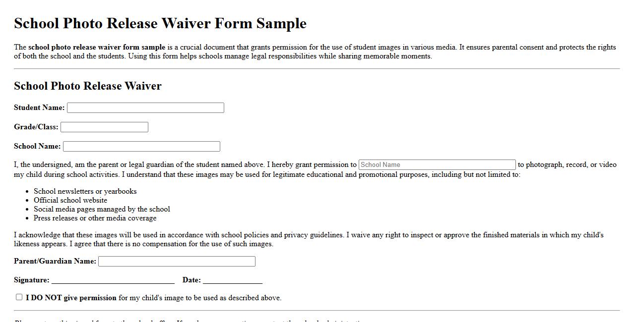 school photo release waiver form sample image preview