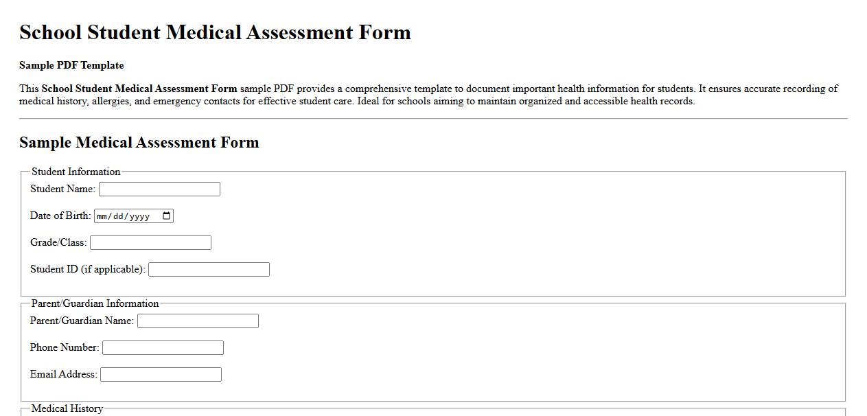 School student medical assessment form sample PDF image preview