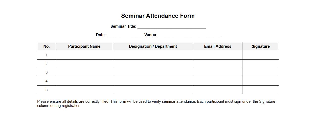 seminar attendance form sample with signature column image preview