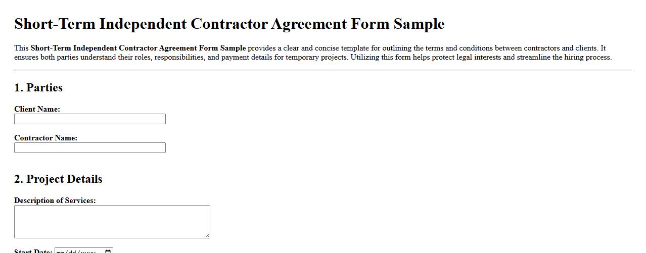 Short-Term Independent Contractor Agreement Form Sample image preview