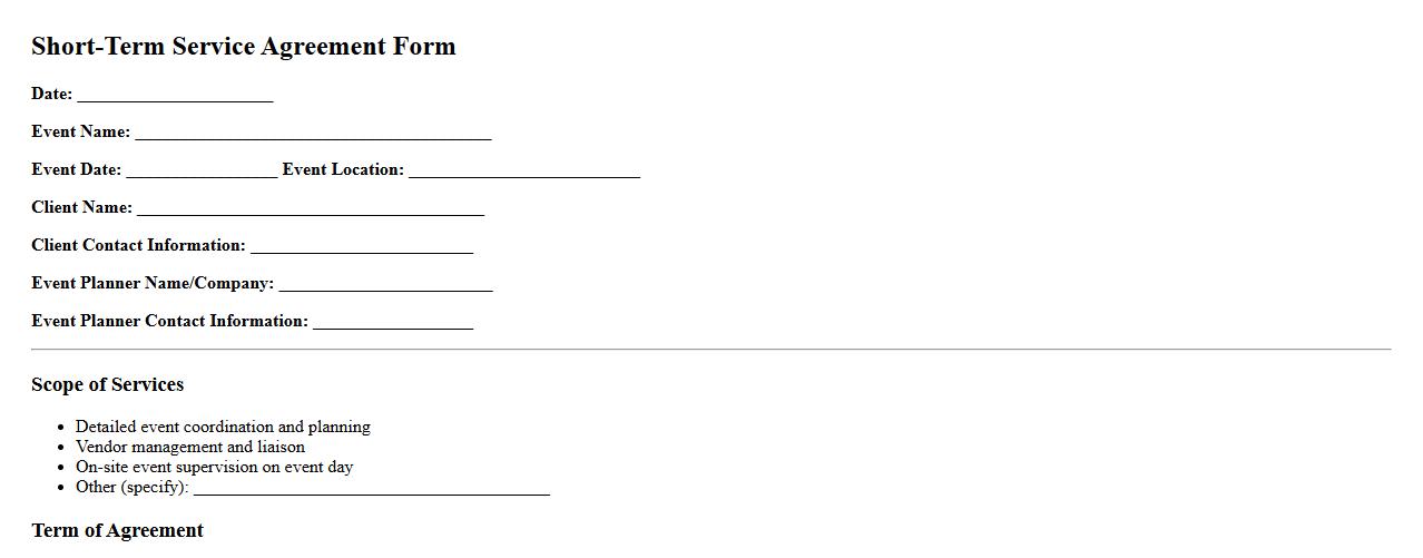 short-term service agreement form sample for event planners image preview