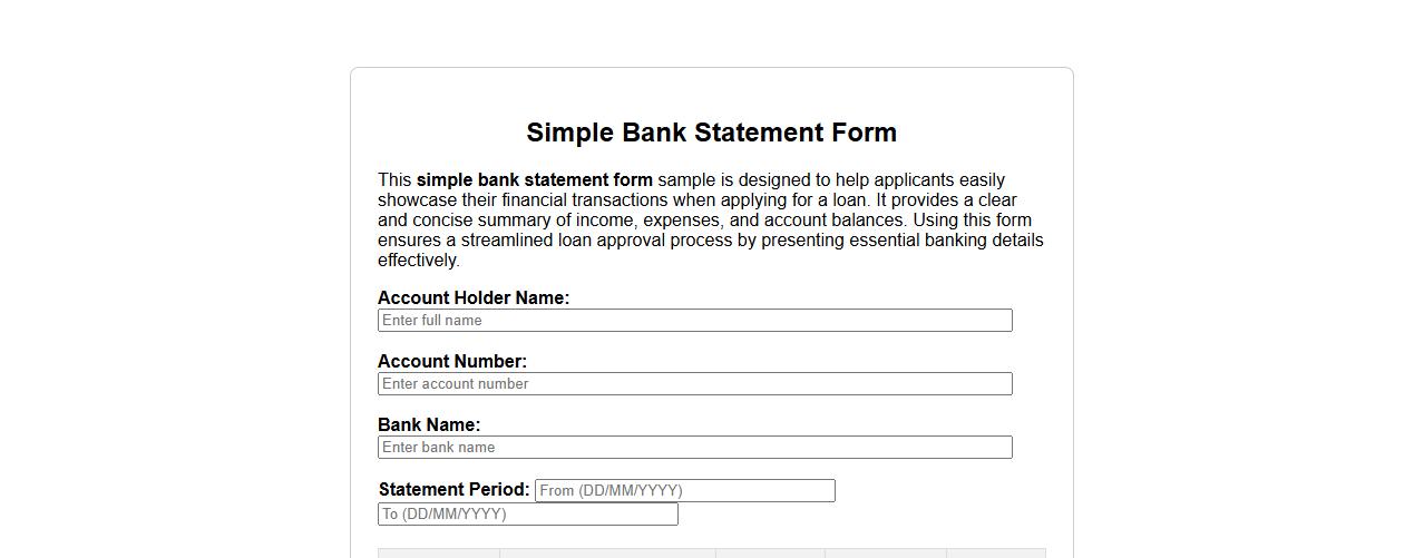 simple bank statement form sample for loan image preview
