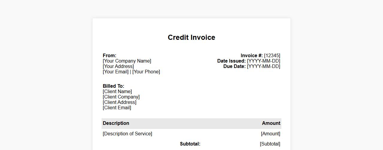 simple credit invoice form sample for services rendered image preview