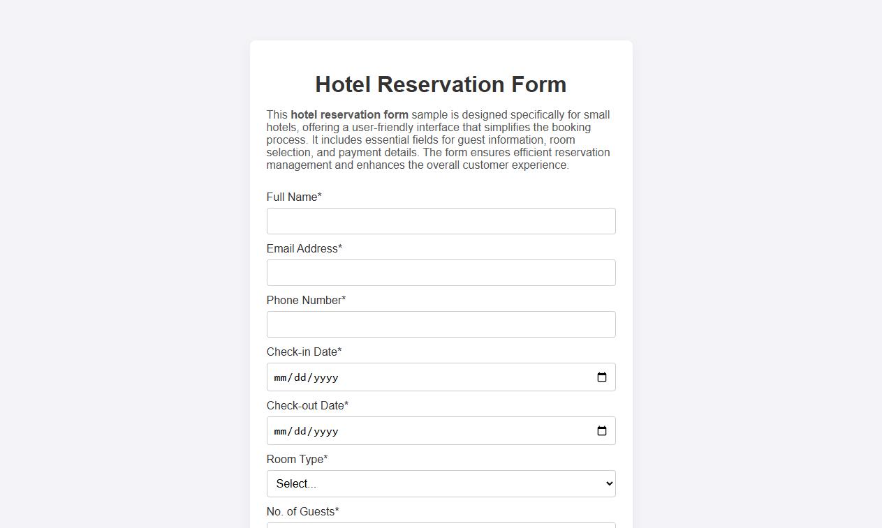 Simple hotel reservation form sample for small hotels image preview