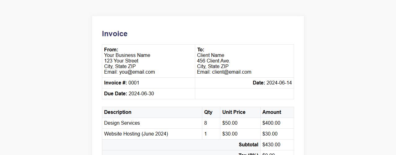 Simple invoice form sample with payment terms image preview