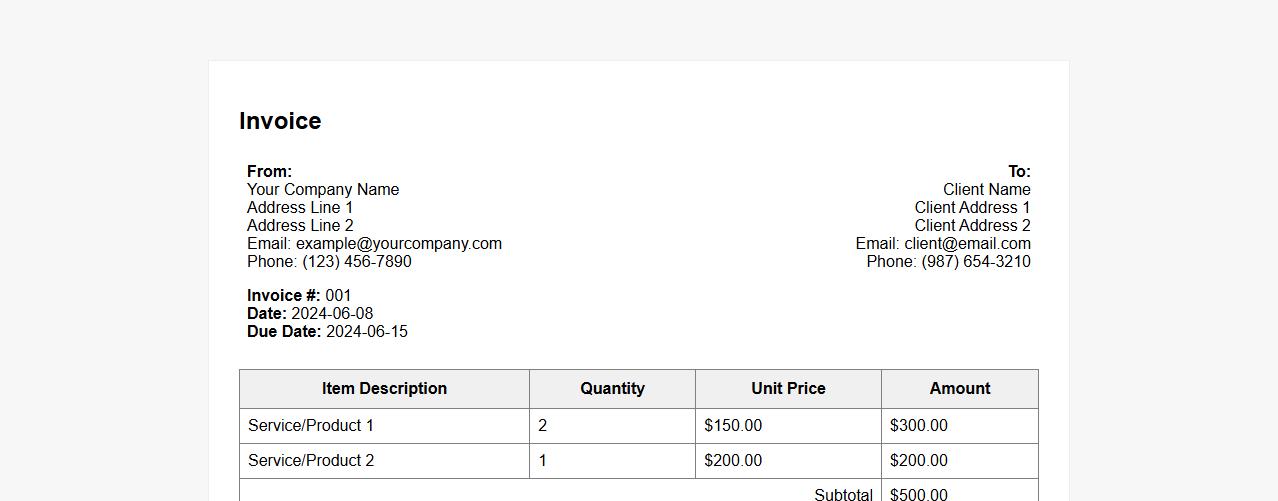 Simple invoice template Word with tax calculation image preview