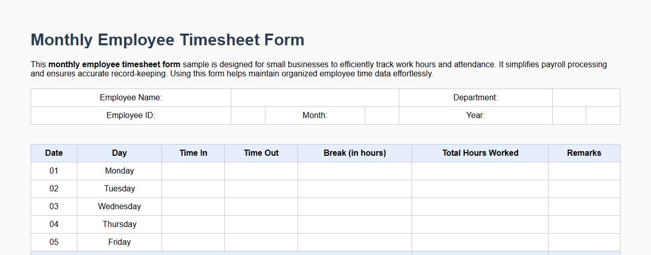 Simple monthly employee timesheet form sample for small business image preview