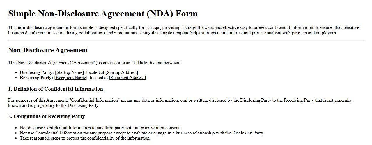 simple non-disclosure agreement form sample for startups image preview