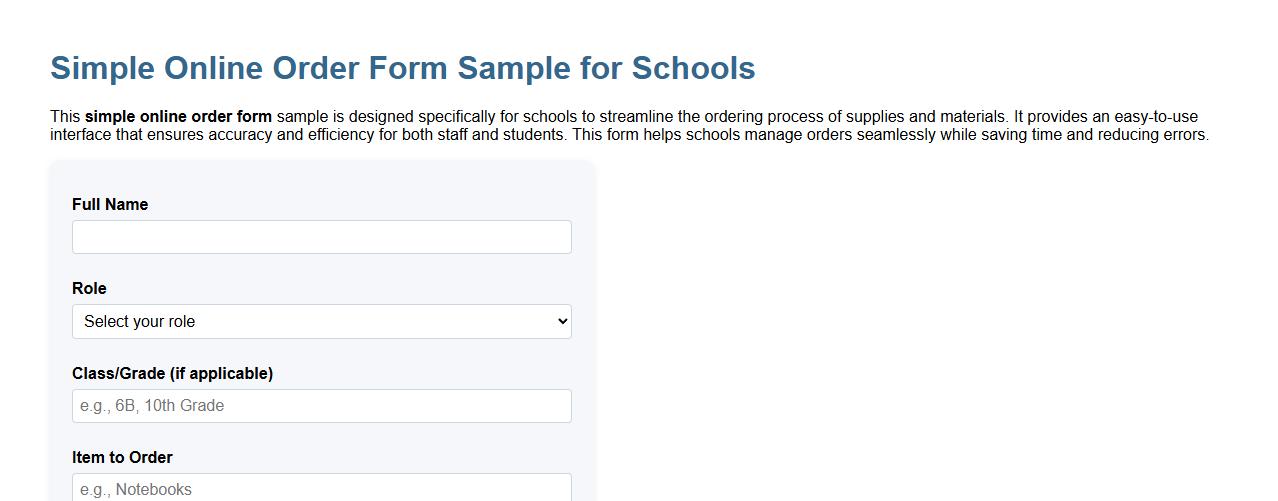 Simple online order form sample for schools image preview