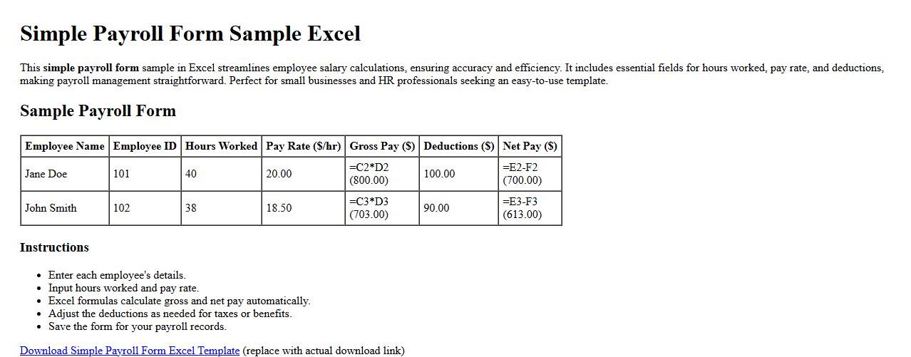 Simple payroll form sample Excel image preview