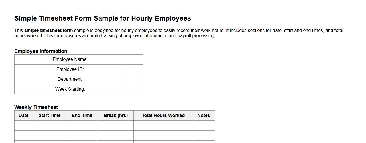 simple timesheet form sample for hourly employees image preview