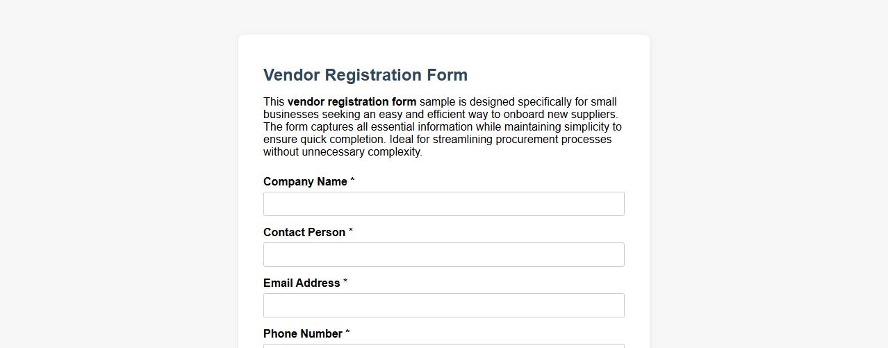 Simple vendor registration form sample for small businesses image preview