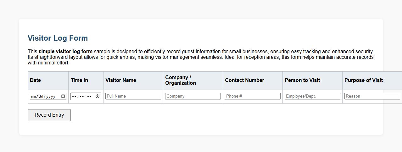 simple visitor log form sample for small business image preview