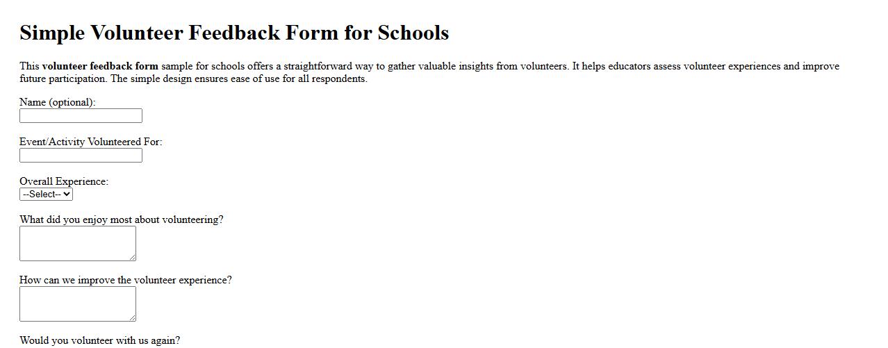 Simple volunteer feedback form sample for schools image preview