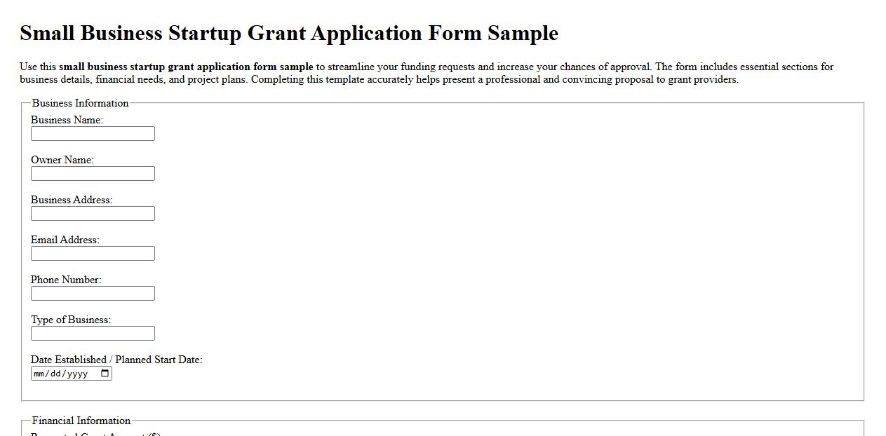 Small business startup grant application form sample image preview