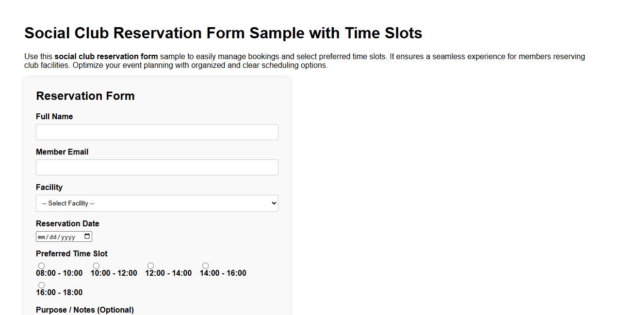 Social club reservation form sample with time slots image preview