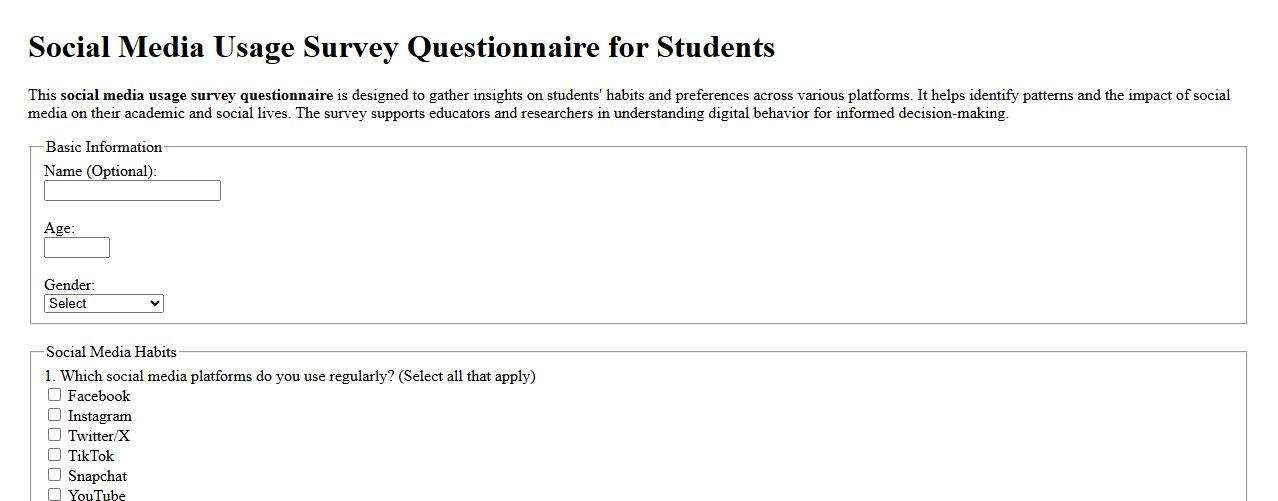 social media usage survey questionnaire for students image preview