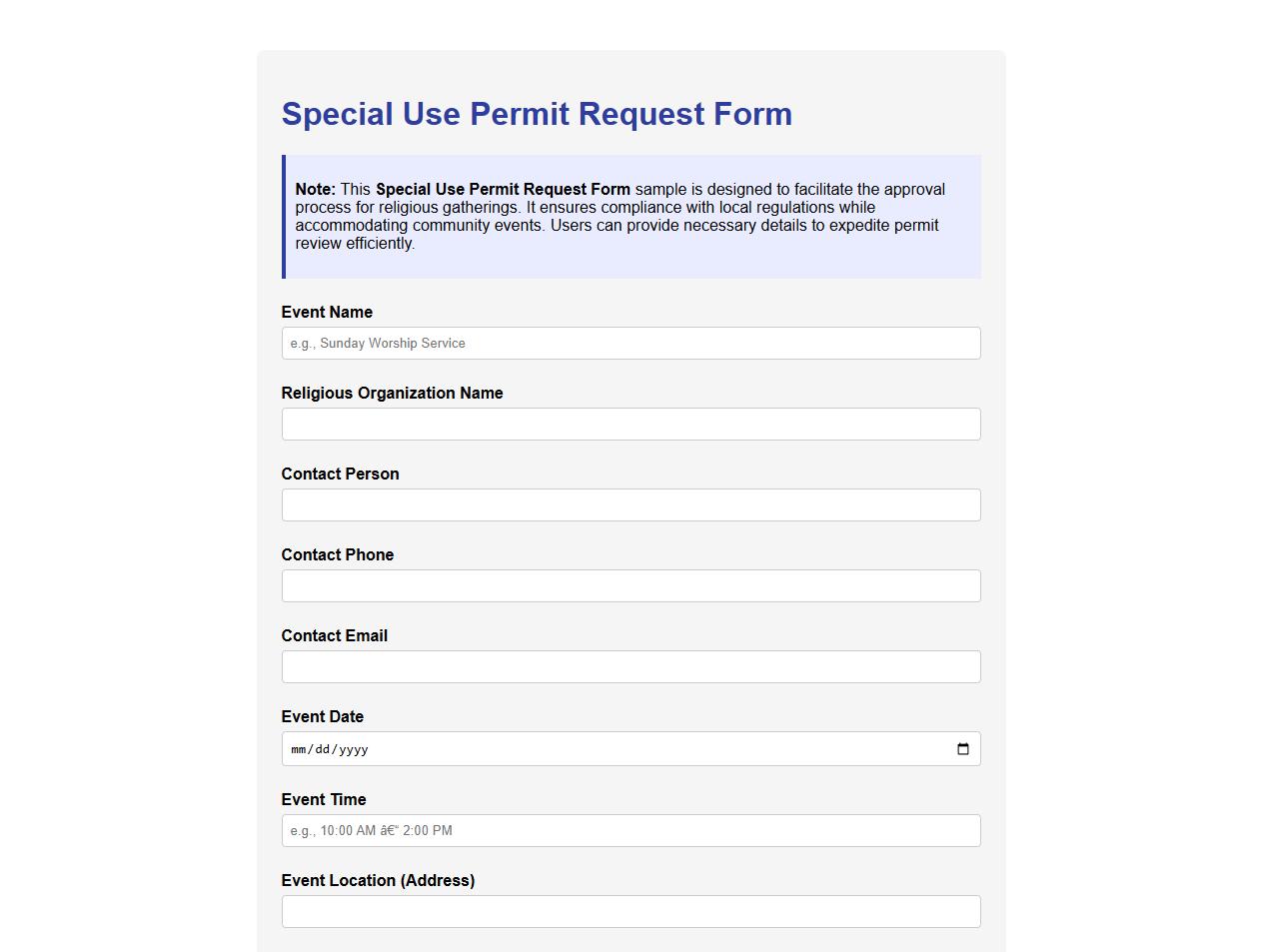 Special Use Permit Request Form Sample for Religious Gatherings image preview