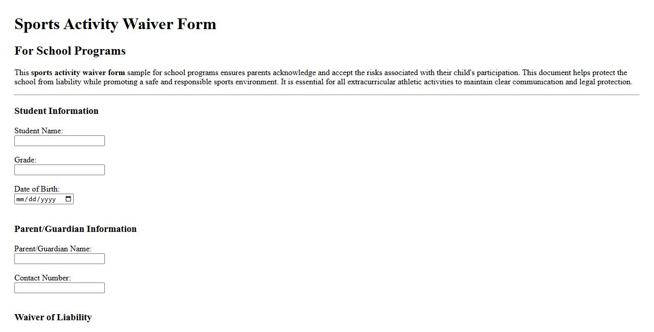 Sports activity waiver form sample for school programs image preview
