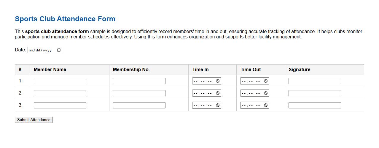 Sports club attendance form sample with time in and out image preview