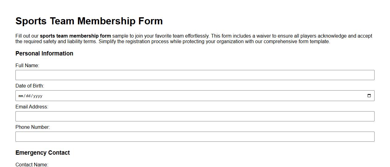 Sports team membership form sample with waiver image preview