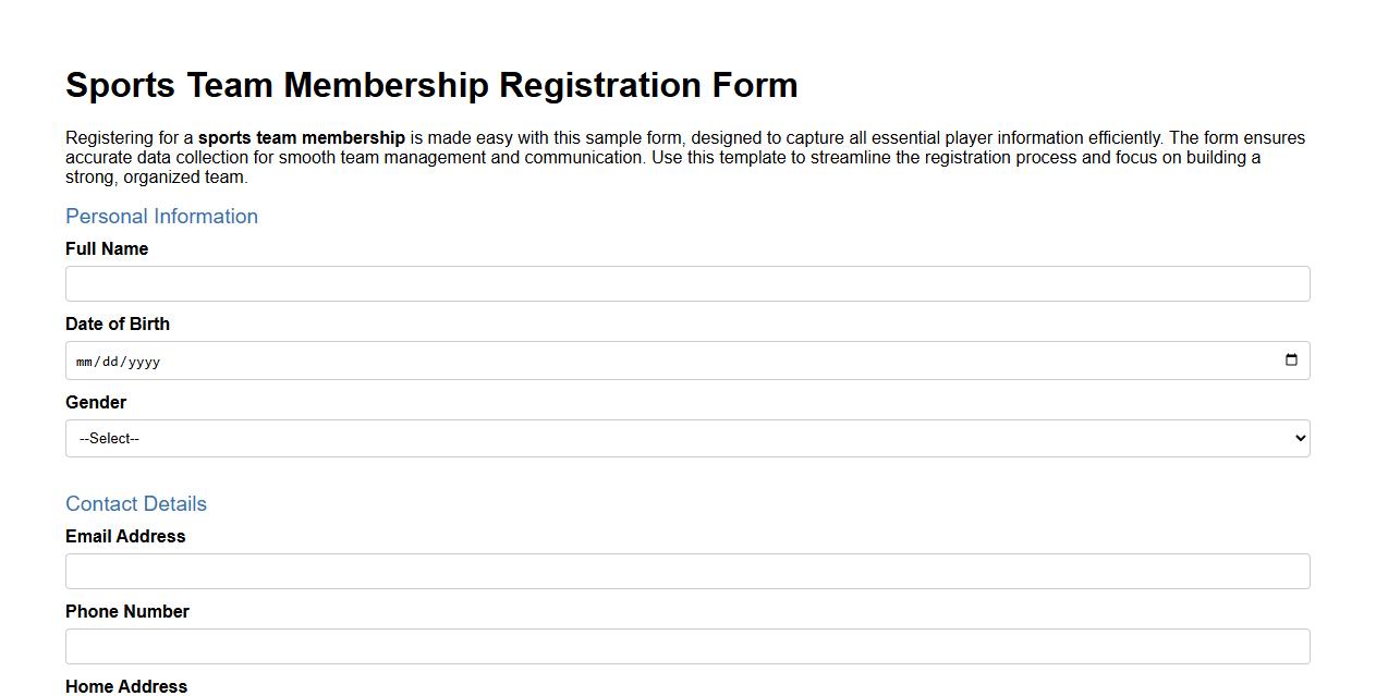 Sports team membership registration form sample image preview