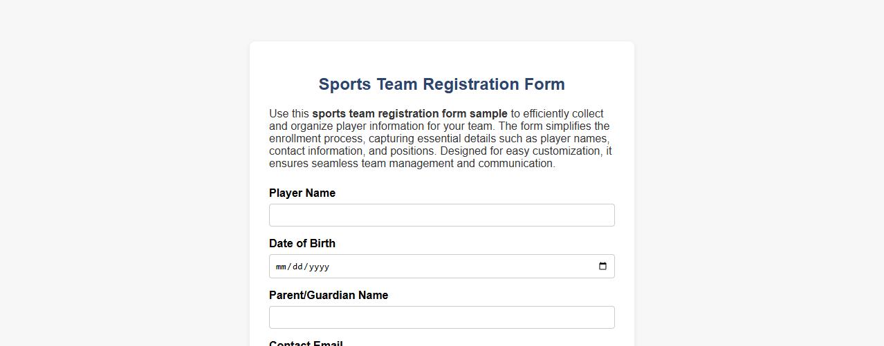sports team registration form sample image preview