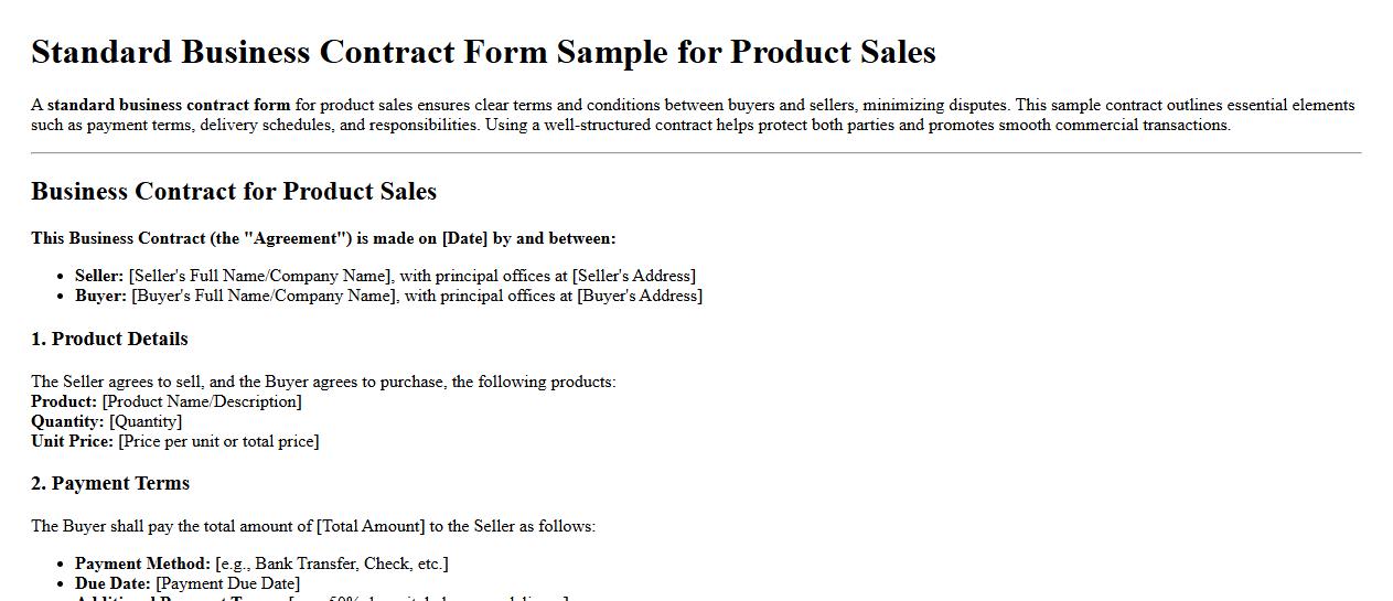 Standard business contract form sample for product sales image preview