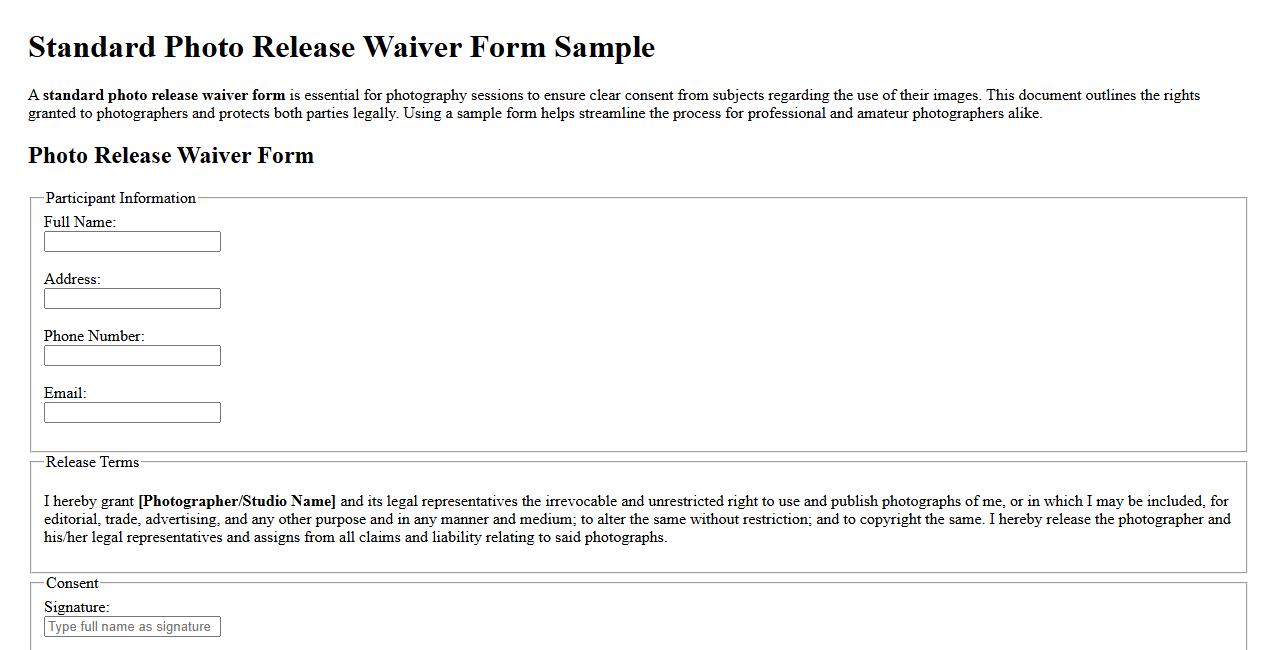 standard photo release waiver form sample for photography sessions image preview