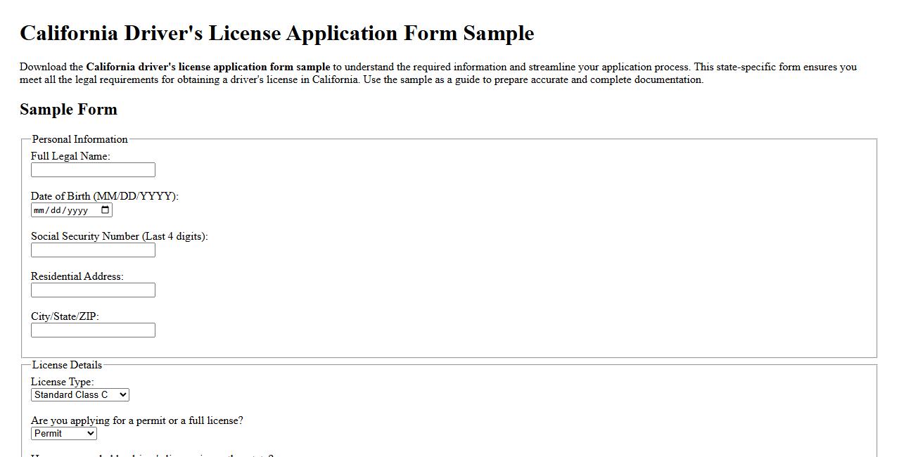 State-specific driver’s license application form sample California image preview