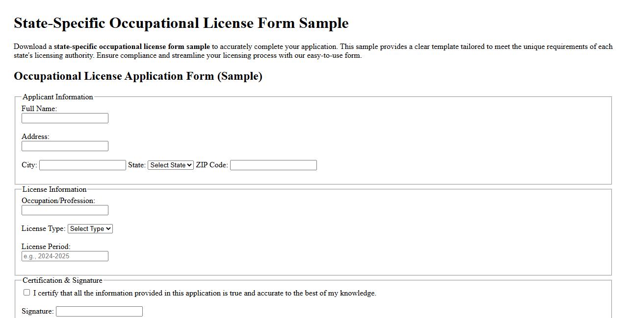 state-specific occupational license form sample image preview