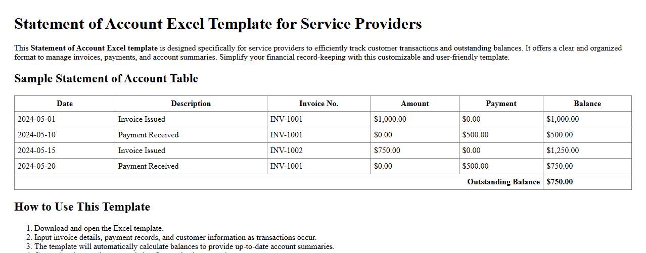 Statement of account Excel template for service providers image preview