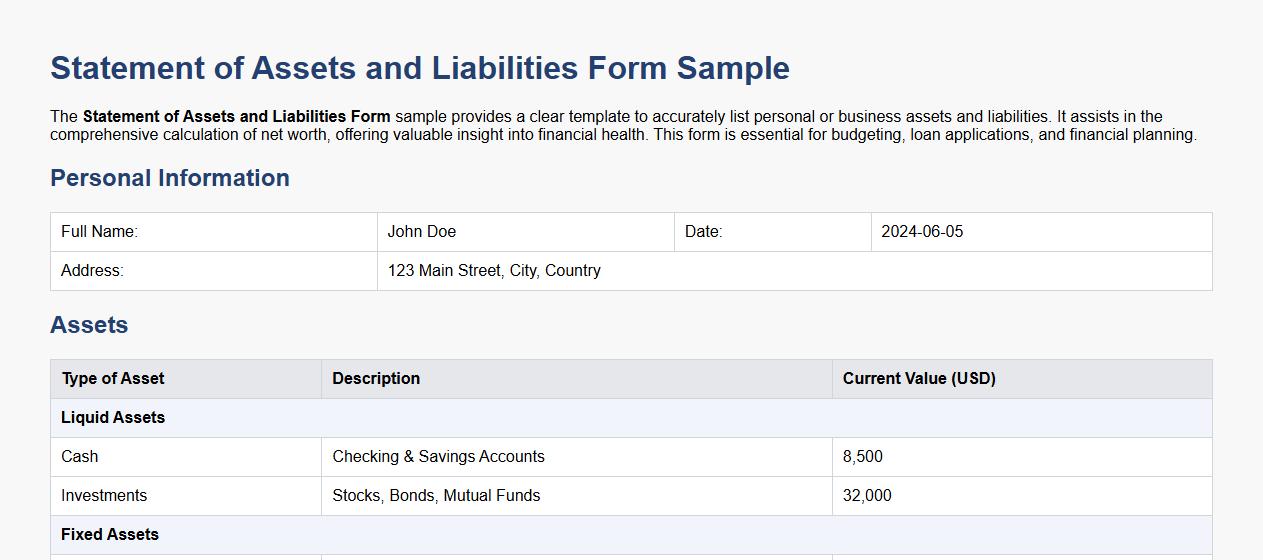 Statement of Assets and Liabilities Form Sample with Net Worth Calculation image preview