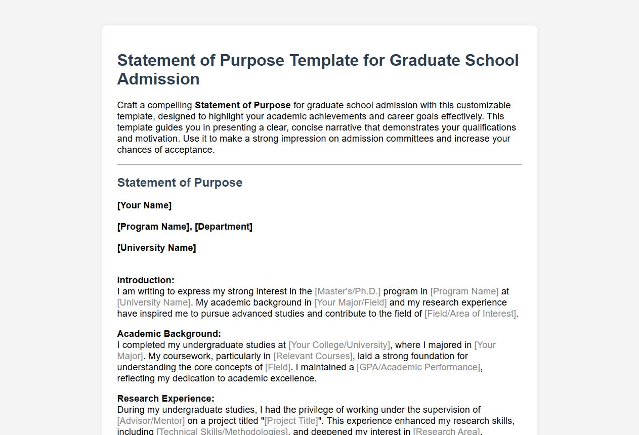 Statement of Purpose template for graduate school admission image preview