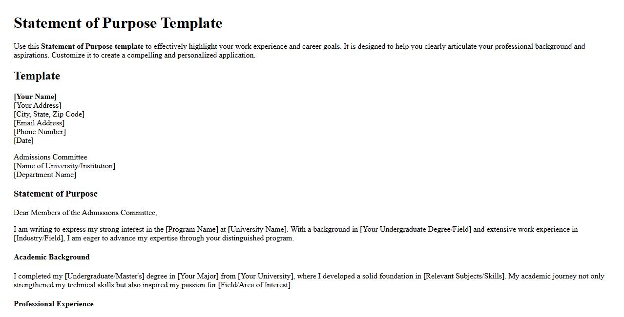 Statement of Purpose template with work experience image preview