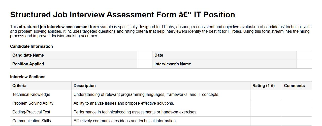 structured job interview assessment form sample for IT jobs image preview