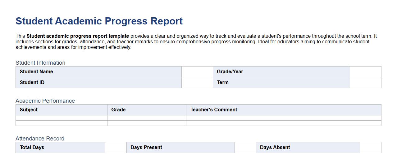 Student academic progress report template image preview