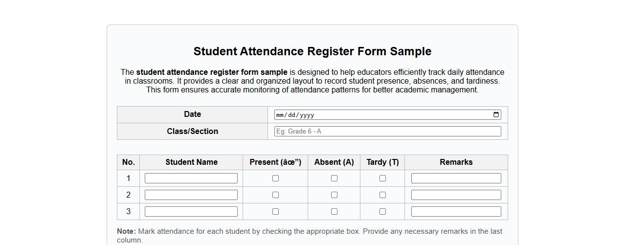 student attendance register form sample image preview