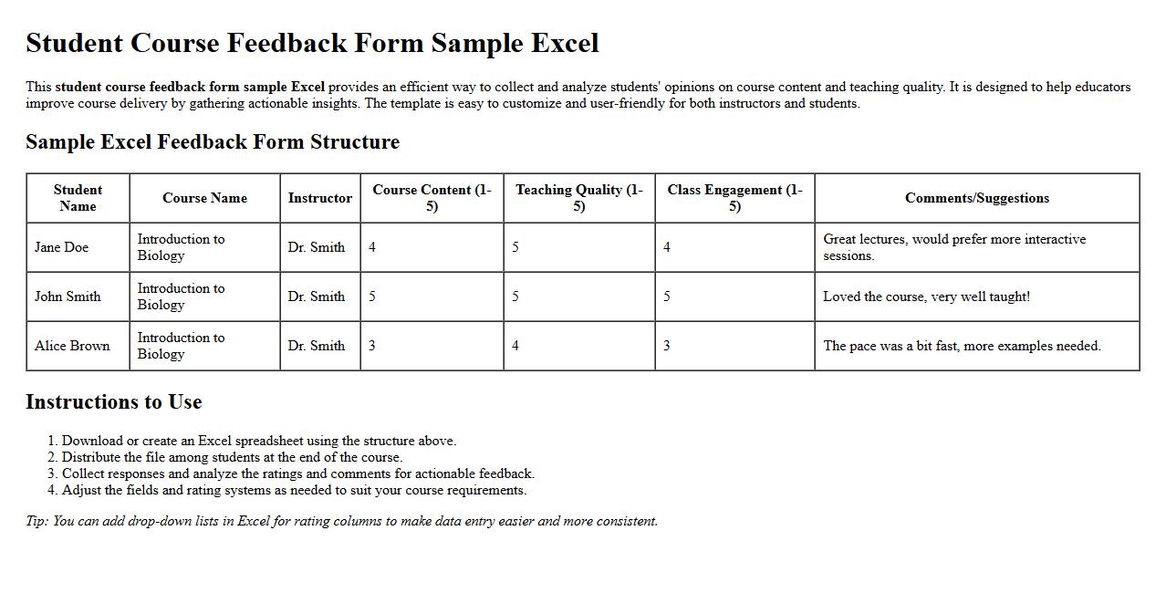 Student course feedback form sample Excel image preview