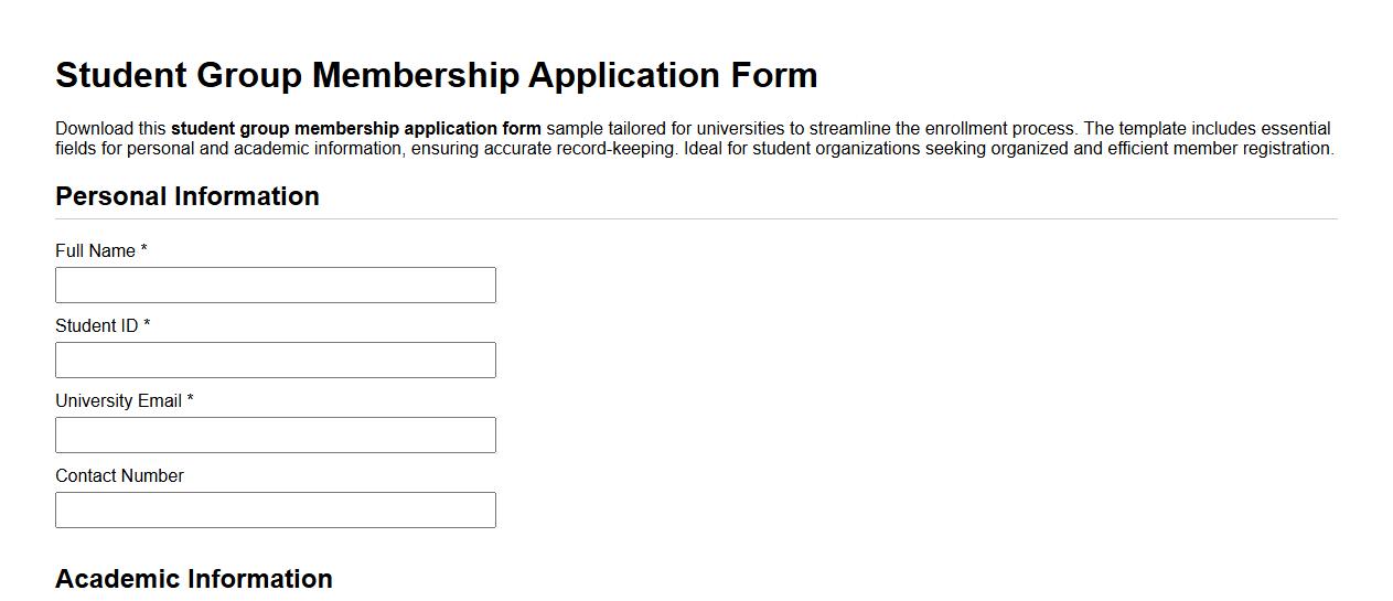 Student group membership application form sample for universities image preview
