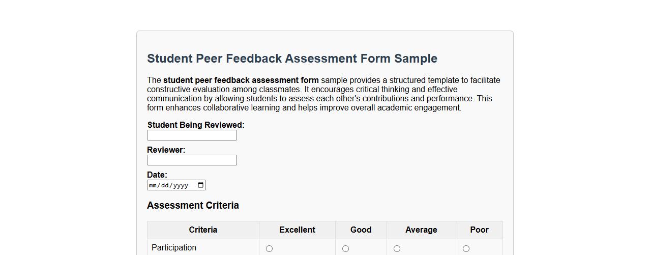 student peer feedback assessment form sample image preview