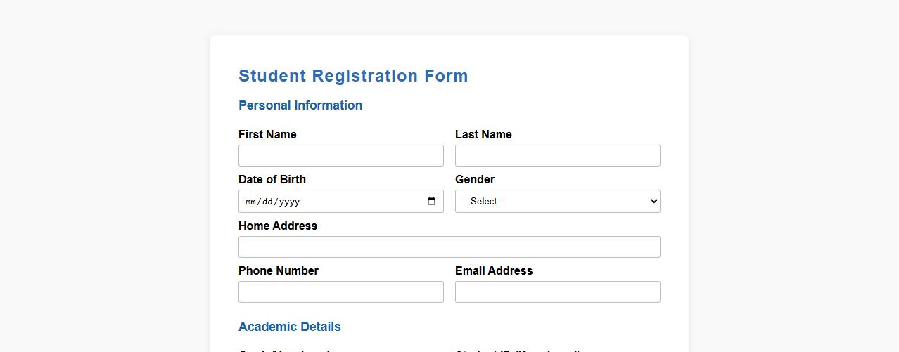 Student registration form sample with emergency contact information image preview